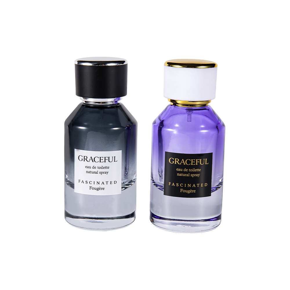 GC4416-WJ2098 50ML コーティングされたプリントガラス香水瓶、レザー、ABS プラスチックキャップ、UV 防止 PP ライニング付き