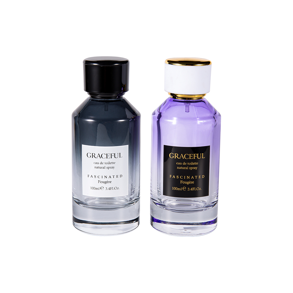 GC4418-WJ2098 100 ML カラーコーティングされたプリントガラス香水瓶、レザー ABS プラスチックキャップと UV PP ライナー付き