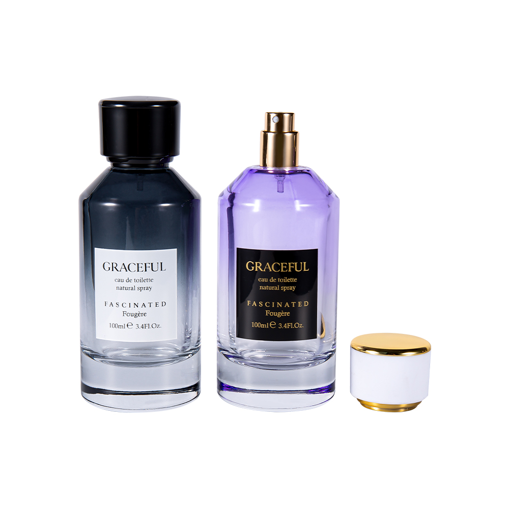 GC4418-WJ2098 100 ML カラーコーティングされたプリントガラス香水瓶、レザー ABS プラスチックキャップと UV PP ライナー付き