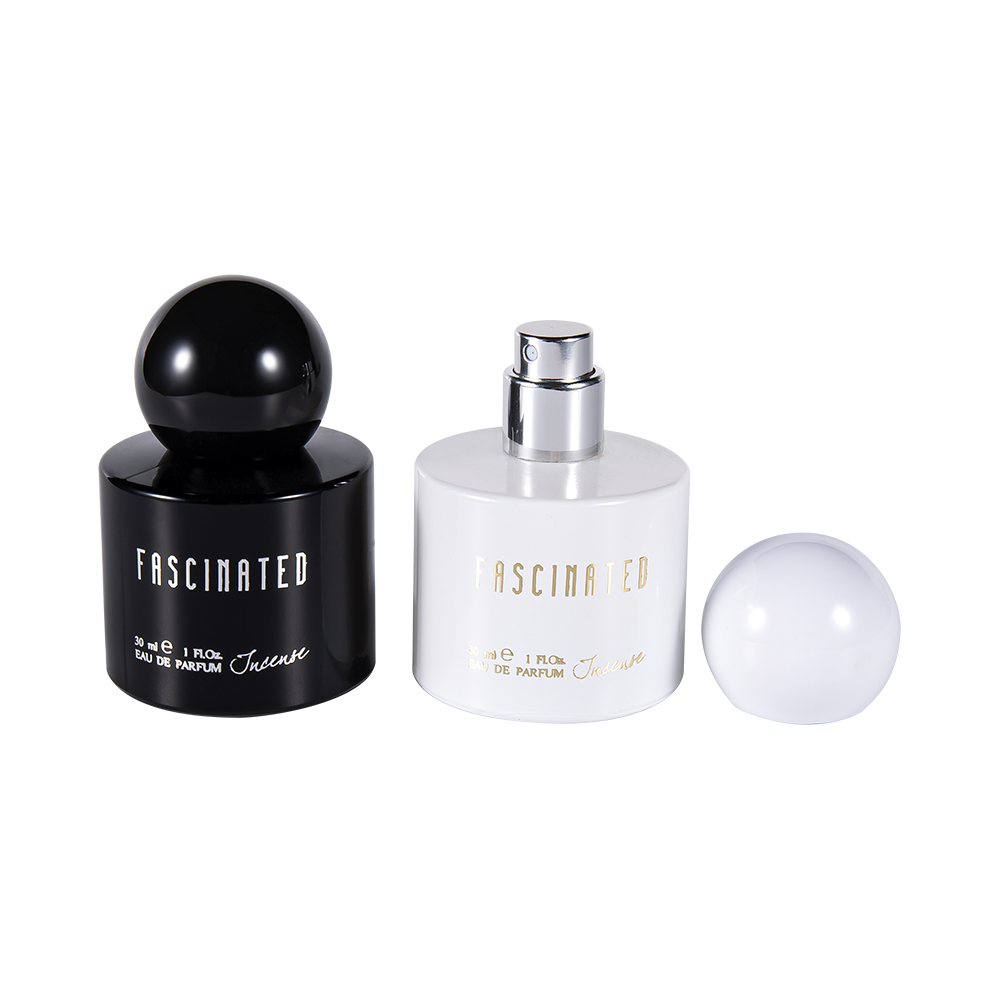 GC4748-WJ2537 30ML 球状 ABS PP プラスチック キャップが付いている円筒形のコーティングされた金箔ガラスの香水瓶