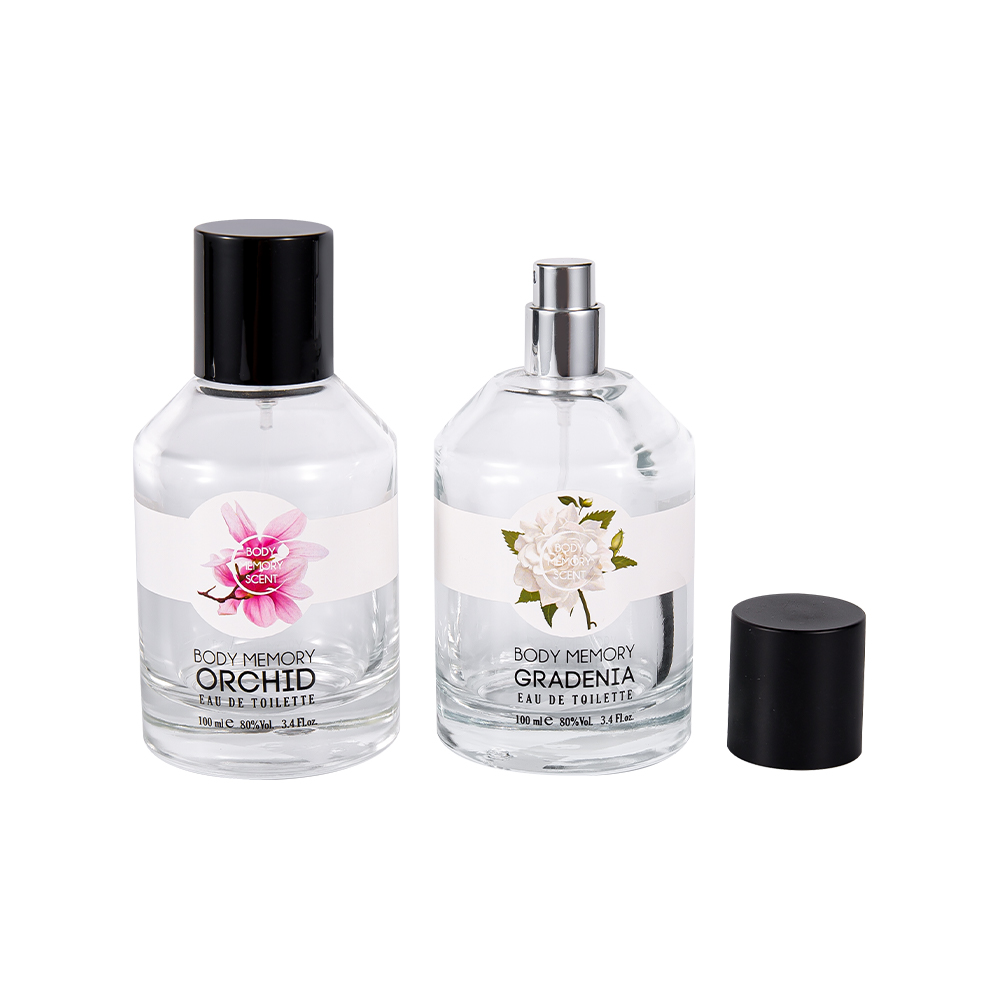 KY1603-WJ2388 100 ミリリットル印刷ステッカーガラス香水瓶円筒形の光沢のあるマットブラック PP キャップ